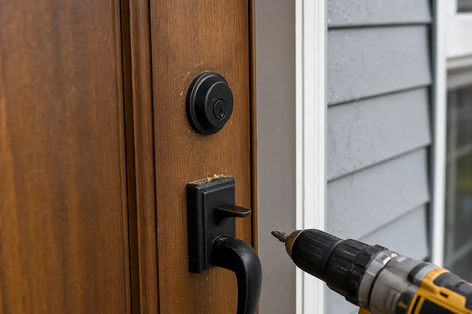 New deadbolt being installed in a front door