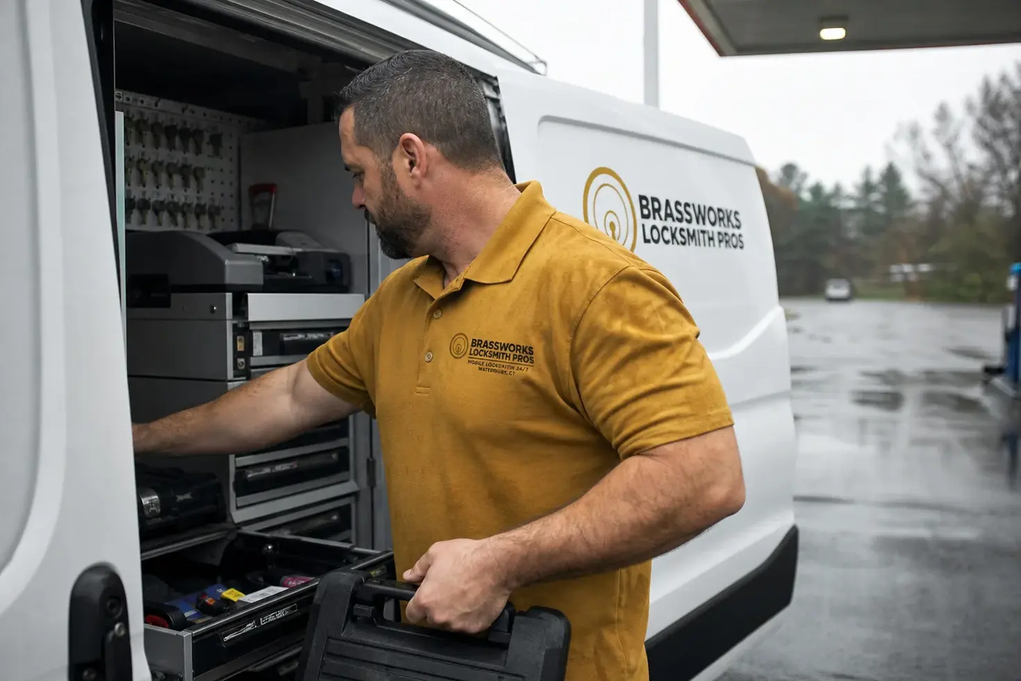 The Brassworks Locksmith Pros service van, stocked for lockouts and key cutting in Waterbury