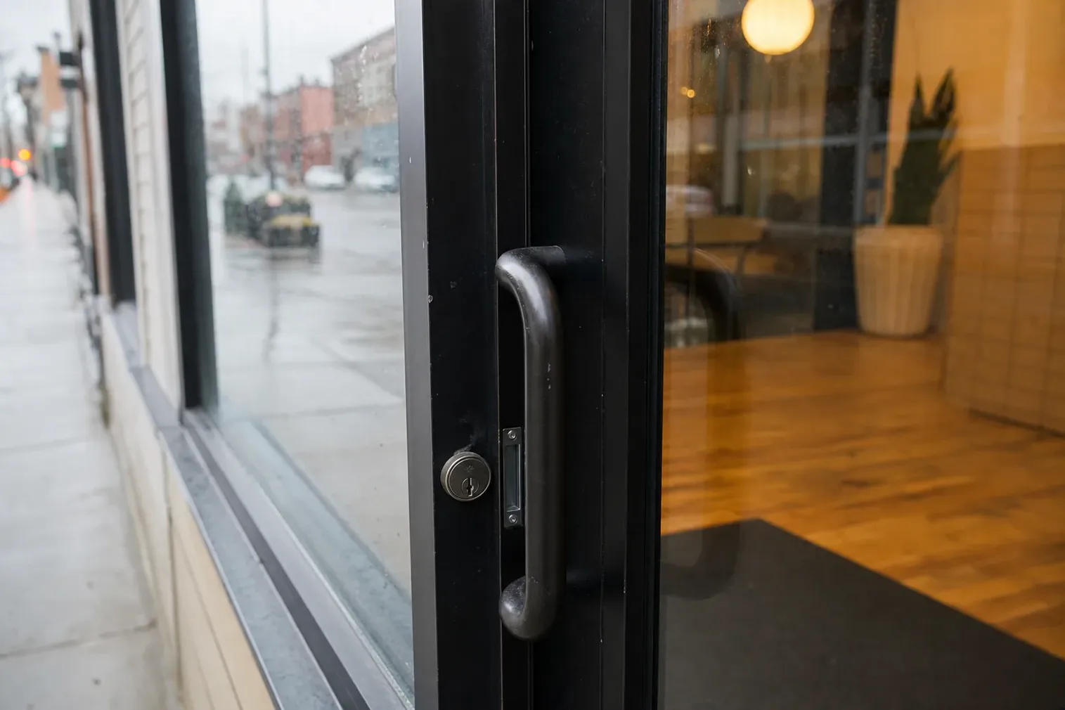 Mortise lock on a storefront door in Waterbury, CT